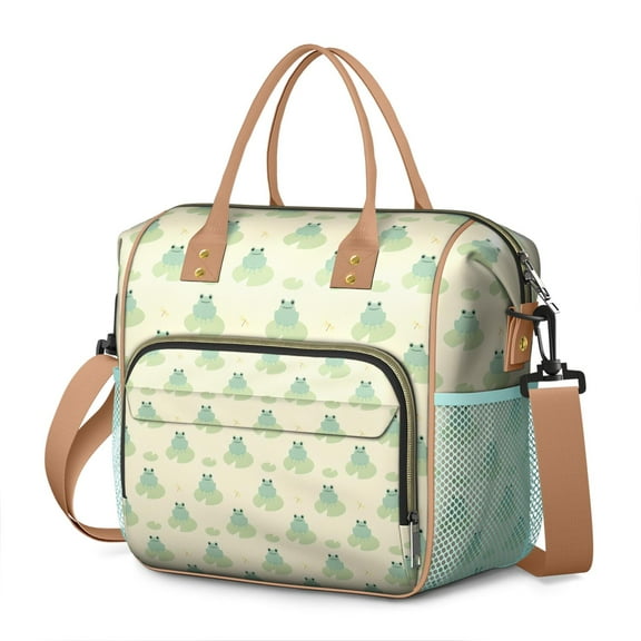 Nature-Inspired Green Frog and Flower Print Insulated Lunch Tote, Large Leakproof Lunch Cooler with Cute Cartoon Mushroom Design for Daily Use