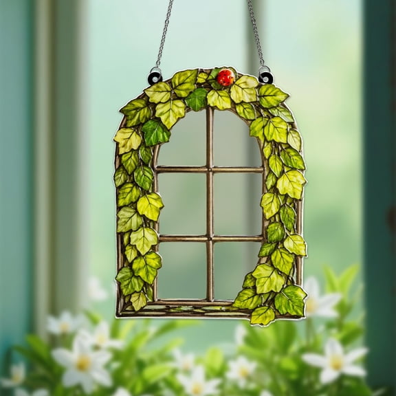 Nature Inspired Green Leaf Ladybug Plant Acrylic Suncatcher Window Hanging Home Decor Spring Summer