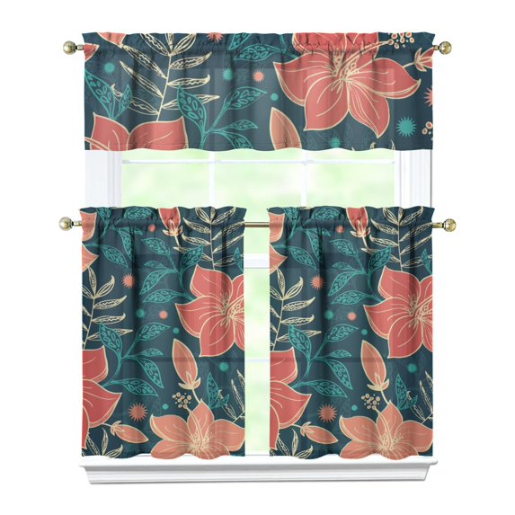 Nature-Inspired Hawaiian Kitchen Curtains Set 27.5x36in Polyester Valance and Tiers, Botanical Leaf Window Curtains for Small Kitchen or Tropical-Style Spaces