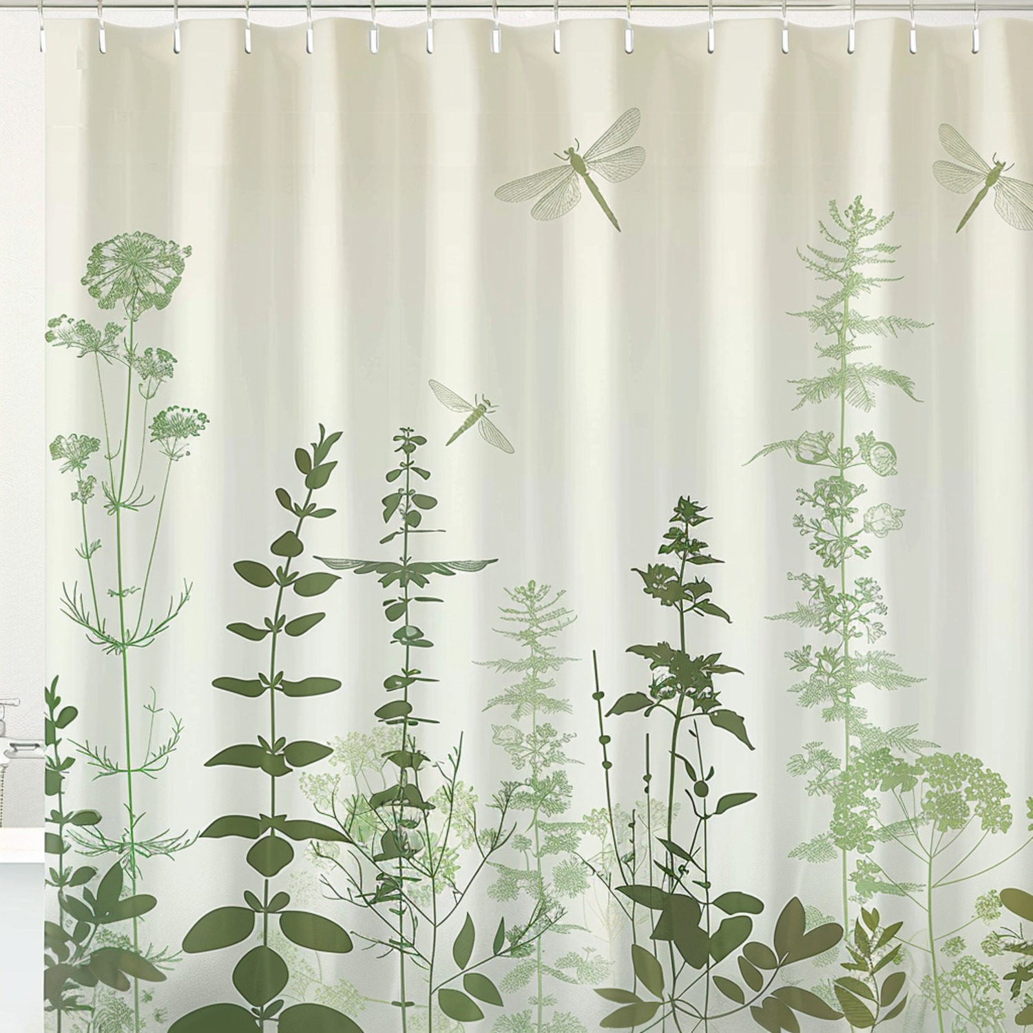 NatureInspired Herb Silhouette Shower Curtain with Dragonfly Accents