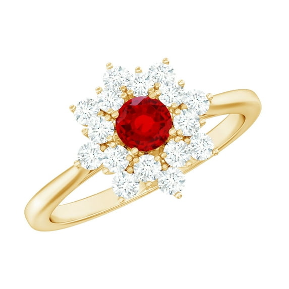 Rosec Jewels Lab Grown Ruby Flower Engagement Ring with Diamond - Nature Inspired Ring for Women - AAAA Grade Ruby Ring, 10K Yellow Gold, US 9.00