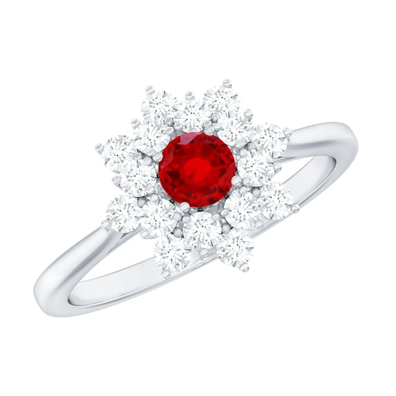 Rosec Jewels Lab Grown Ruby Flower Engagement Ring with Diamond - Nature Inspired Ring for Women - AAAA Grade Ruby Ring, 18K White Gold, US 6.50