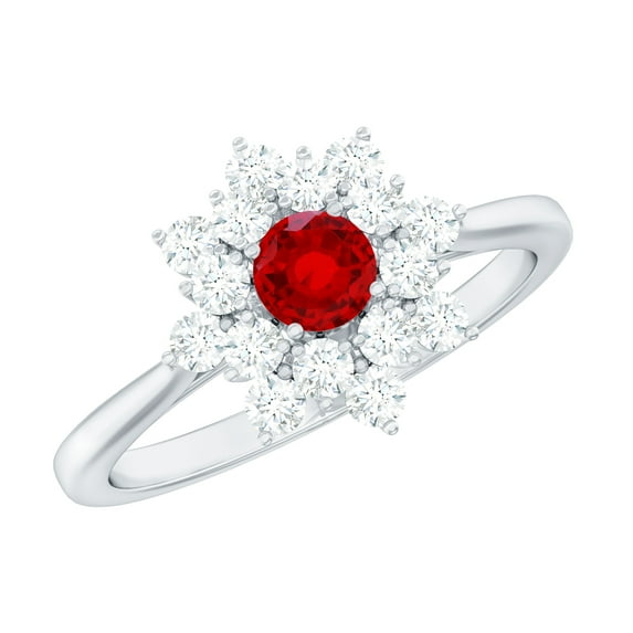 Rosec Jewels Lab Grown Ruby Flower Engagement Ring with Diamond - Nature Inspired Ring for Women - AAAA Grade Ruby Ring, 18K White Gold, US 9.50
