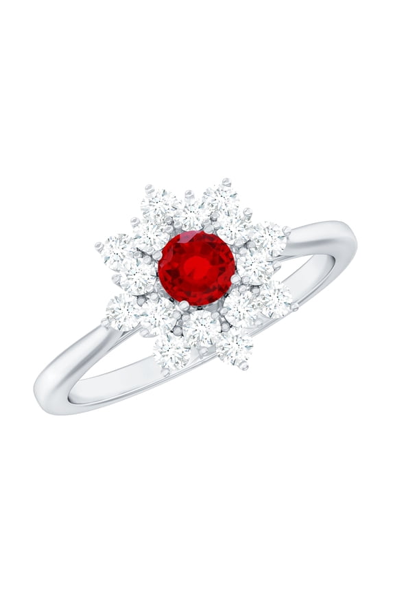 Lab Grown Ruby Flower Engagement Ring with Diamond - Nature Inspired Ring for Women - AAAA Grade Ruby Ring, 925 Sterling Silver, US 4.00