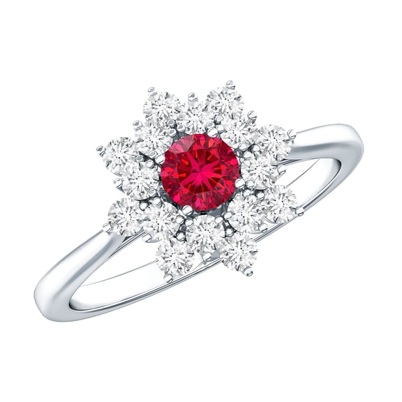 Rosec Jewels Lab Grown Ruby Flower Engagement Ring with Diamond - Nature Inspired Ring for Women - AAAA Grade Ruby Ring, 925 Sterling Silver, US 4.00
