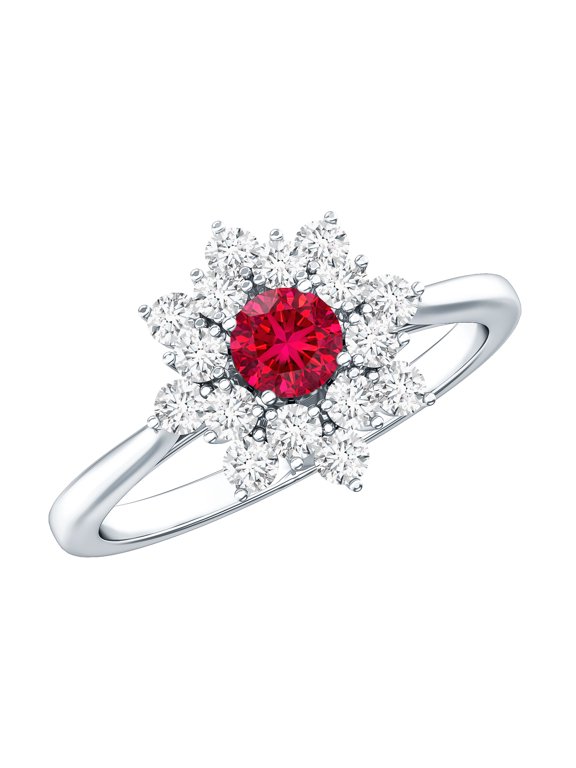 Lab Grown Ruby Flower Engagement Ring with Diamond - Nature Inspired Ring for Women - AAAA Grade Ruby Ring, 925 Sterling Silver, US 4.00