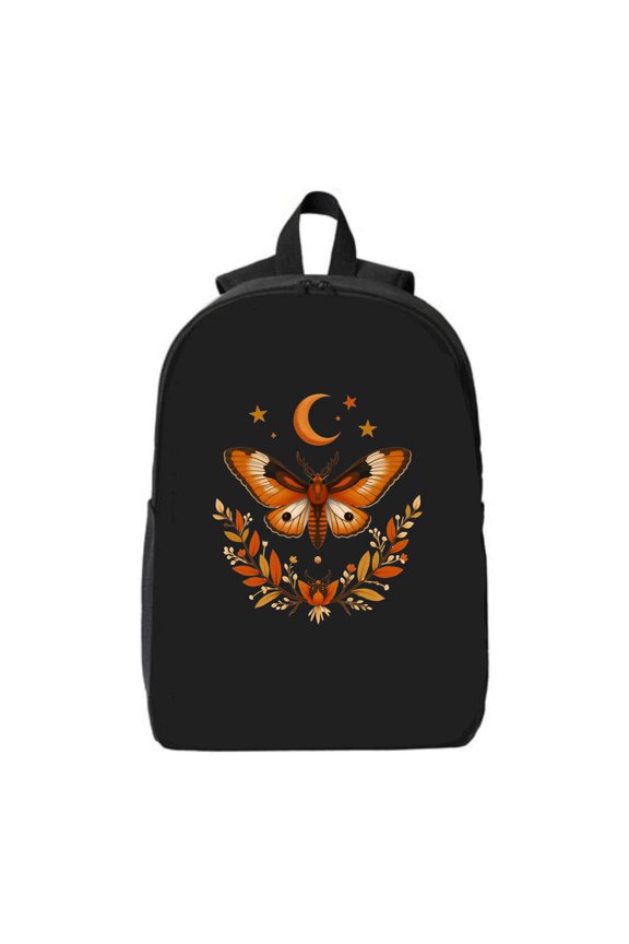 Nature-Inspired Laptop Backpack: Black Bag with Orange Moth Flowers Stars - Fits 15 " Laptop & iPad
