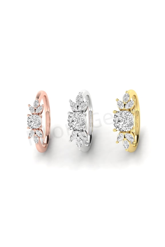 Nature-Inspired Leaf Design Engagement Ring – 925 Sterling Silver with 14K Rose Gold Plating – Cushion Cut Diamond Solitaire Promise Ring for Her – Unique Bridal Jewelry
