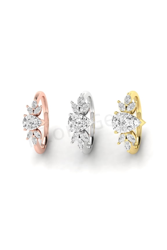 Nature-Inspired Leaf Design Engagement Ring – 925 Sterling Silver with 14K White Gold Plating – Pear Cut Diamond Solitaire Promise Ring for Her – Unique Bridal Jewelry