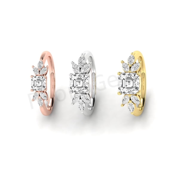Nature-Inspired Leaf Design Engagement Ring – 925 Sterling Silver with 14K Yellow Gold Plating – Asscher Cut Diamond Solitaire Promise Ring for Her – Unique Bridal Jewelry