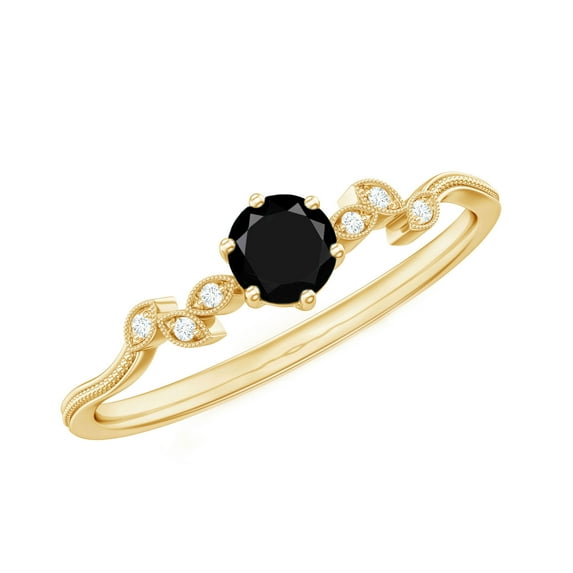 Rosec Jewels Nature Inspired Leaf Ring - Black Onyx Promise Ring with Diamond - AAA Grade, 10K Yellow Gold, US 11.00