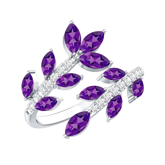 Rosec Jewels Natural Amethyst and Diamond Ring for Women - Leaf Wrap Cocktail Ring - Ready to Gift with Jewelry Box, 10K White Gold, US 11.50