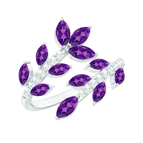 Rosec Jewels Natural Amethyst and Diamond Ring for Women - Leaf Wrap Cocktail Ring - Ready to Gift with Jewelry Box, 10K White Gold, US 3.00