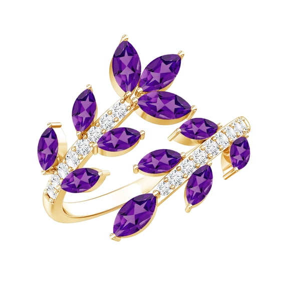 Rosec Jewels Natural Amethyst and Diamond Ring for Women - Leaf Wrap Cocktail Ring - Ready to Gift with Jewelry Box, 10K Yellow Gold, US 3.50