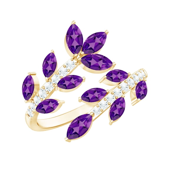 Rosec Jewels Natural Amethyst and Diamond Ring for Women - Leaf Wrap Cocktail Ring - Ready to Gift with Jewelry Box, 18K Yellow Gold, US 3.00