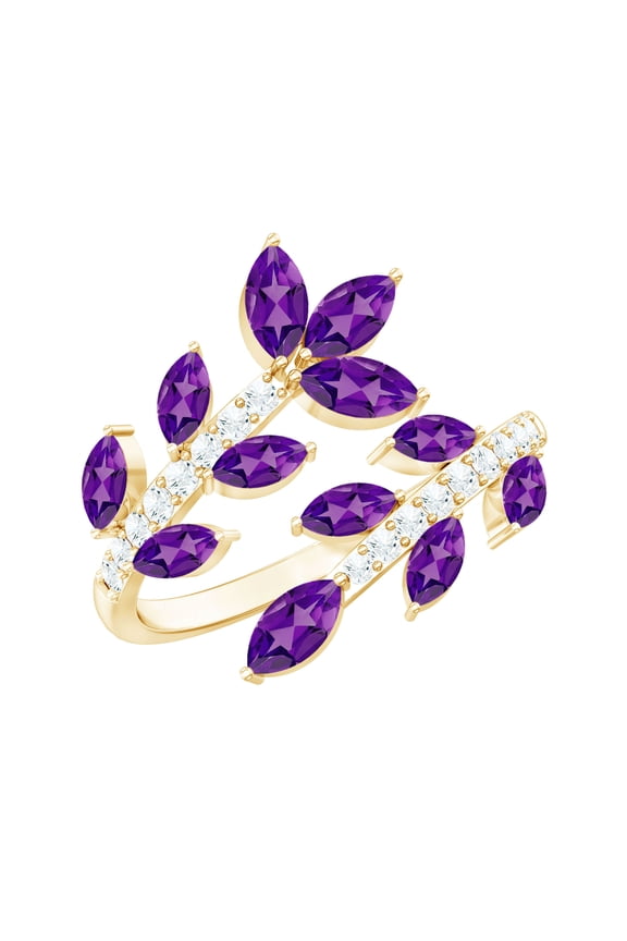 Natural Amethyst and Diamond Ring for Women - Leaf Wrap Cocktail Ring - Ready to Gift with Jewelry Box, 18K Yellow Gold, US 5.00