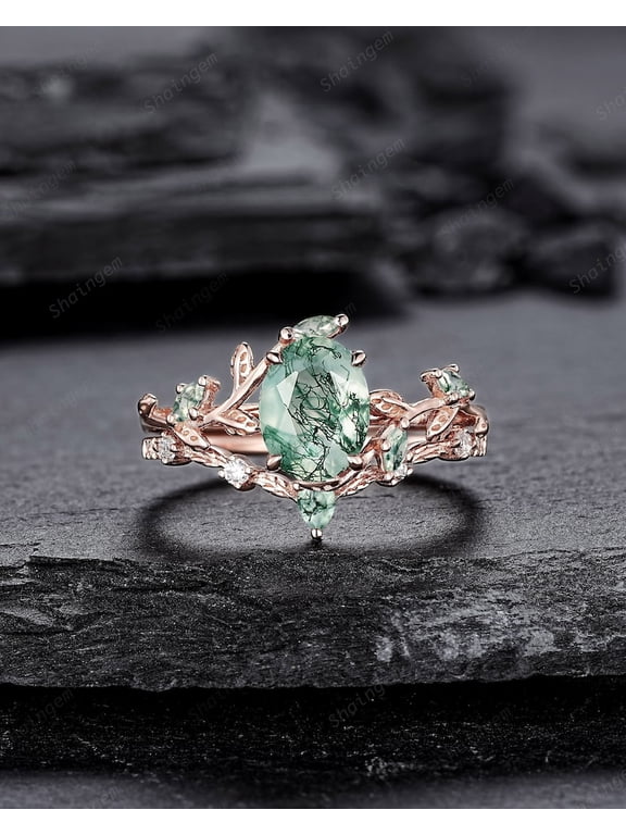 Nature Inspired Moss Agate Leaf Engagement Ring Set, Oval Shape Mossy Agate Rose Gold Wedding Set, Twig Branch Bridal Set Anniversary Ring