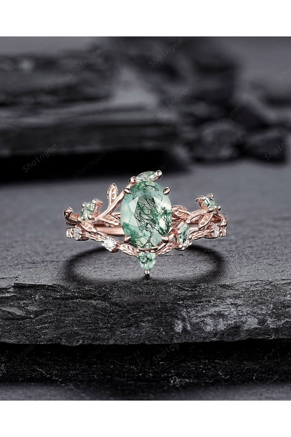 Nature Inspired Moss Agate Leaf Engagement Ring Set, Oval Shape Mossy Agate Rose Gold Wedding Set, Twig Branch Bridal Set Anniversary Ring