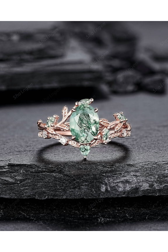 Nature Inspired Moss Agate Leaf Engagement Ring Set, Oval Shape Mossy Agate Rose Gold Wedding Set, Twig Branch Bridal Set Anniversary Ring