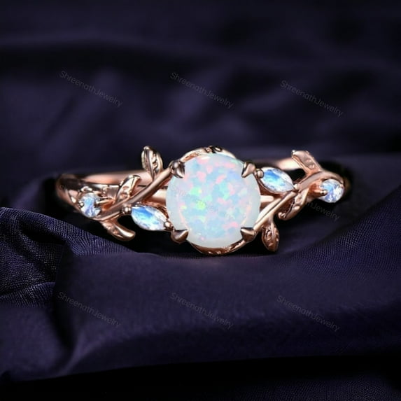 Nature Inspired Opal Engagement Ring, Anniversary Birthday Gift for Women, Marquise Moonstone Stacking Ring Round Cluster Leaf Marquise Ring