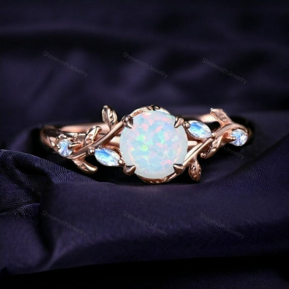 Nature Inspired Opal Engagement Ring, Anniversary Birthday Gift for Women, Marquise Moonstone Stacking Ring Round Cluster Leaf Marquise Ring