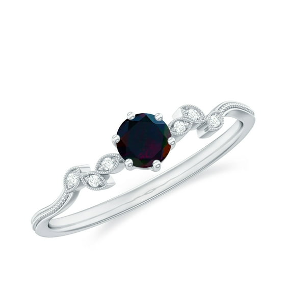 Rosec Jewels Black Opal Promise Ring with Diamond - Leaf Ring for Women - AAA Quality - Ready to Gift for Valentines Day, 10K White Gold, US 4.50