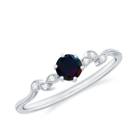 Rosec Jewels Black Opal Promise Ring with Diamond - Leaf Ring for Women - AAA Quality - Ready to Gift for Valentines Day, 14K White Gold, US 7.50