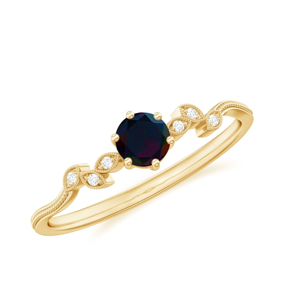 Rosec Jewels Black Opal Promise Ring with Diamond - Leaf Ring for Women - AAA Quality - Ready to Gift for Valentines Day, 18K Yellow Gold, US 10.50