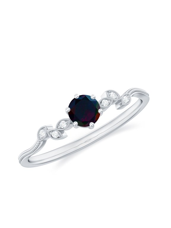 Black Opal Promise Ring with Diamond - Leaf Ring for Women - AAA Quality - Ready to Gift for Valentines Day, 925 Sterling Silver, US 4.00