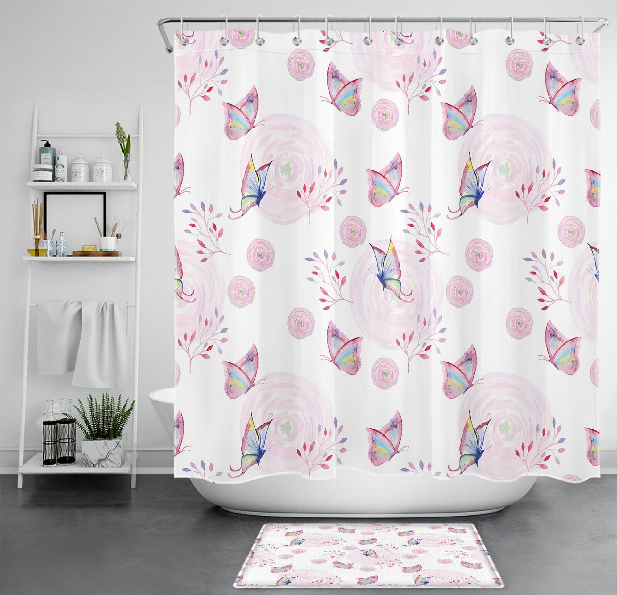 NatureInspired Pink Butterfly Bathroom Shower Curtain