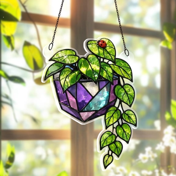 Nature Inspired Plant Green Leaf Ladybug Acrylic Suncatcher Window Hanging Home Decor Botanical Gift
