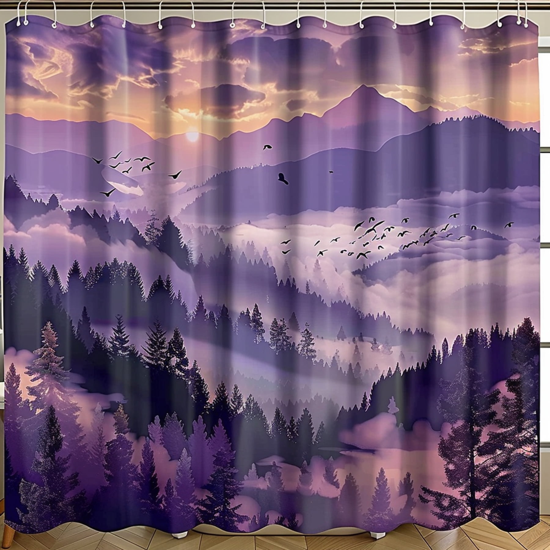 Nature Inspired Purple Mountain and Foggy Forest Shower Curtain