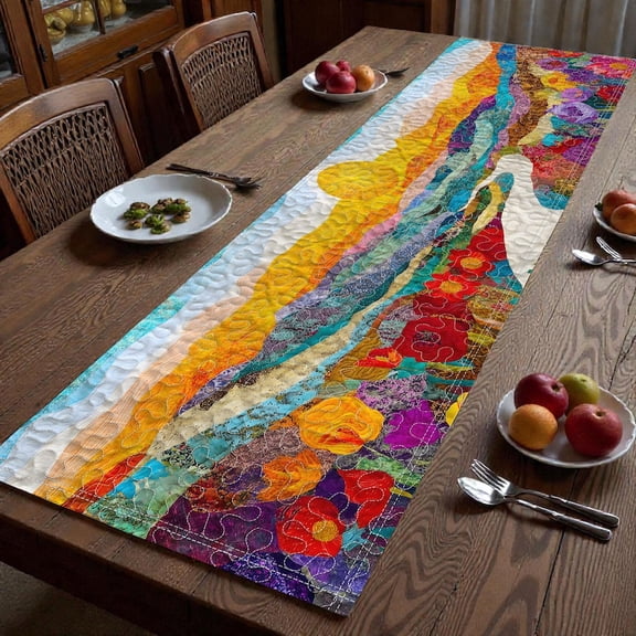 Nature Inspired Quilted Table Runner, Vibrant Mountain and Floral Design, Handmade Dining Room Decor for Rustic Homes