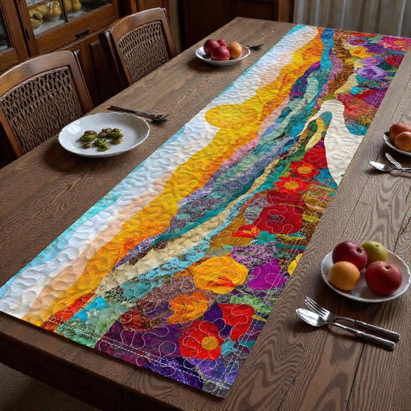 Nature Inspired Quilted Table Runner, Vibrant Mountain and Floral Design, Handmade Dining Room Decor for Rustic Homes
