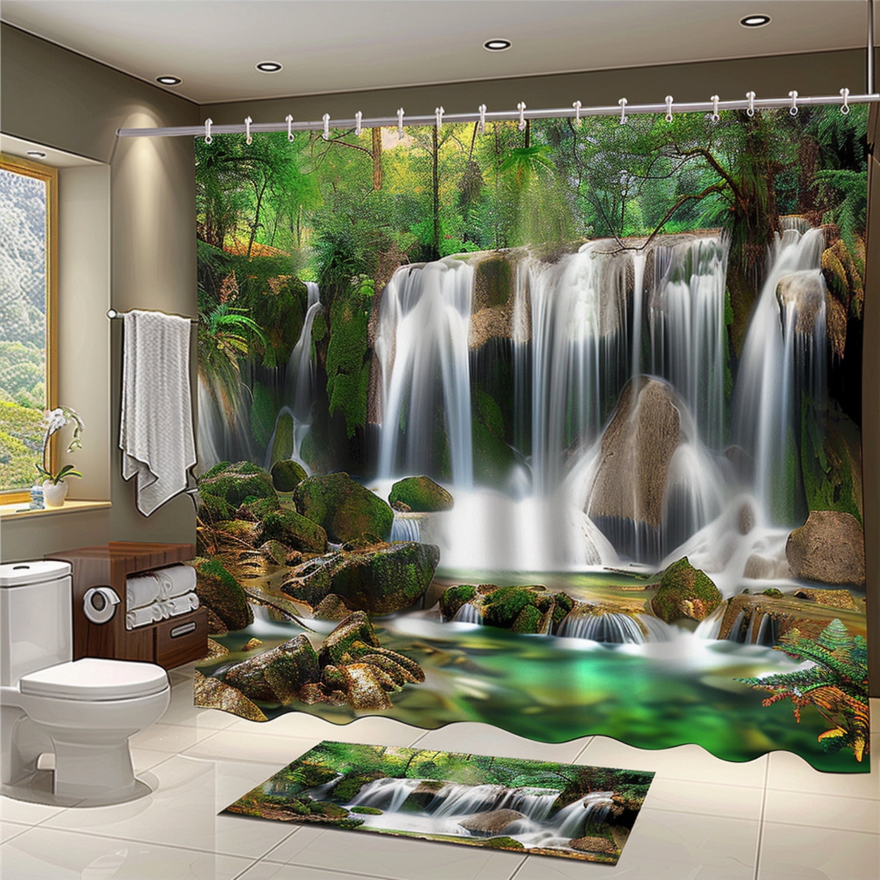 Nature Inspired Rainforest Waterfall Bathroom Set Toilet Curtain with