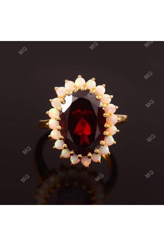 Nature Inspired Red Garnet Engagement Ring,gold plated 925 Silver January Birthstone,Diana Design Opal Ring, Floral Flower Ring,Promise Ring