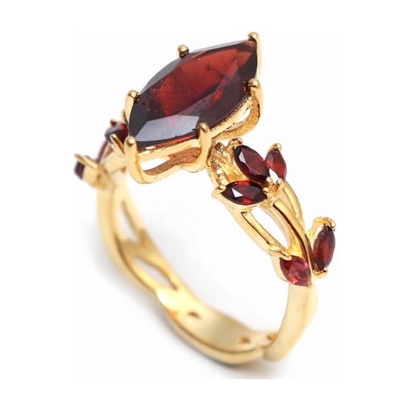 PILWALS Nature Gold Leaf Red Garnet Engagement Ring 925 Sterling, Sterling Silver
