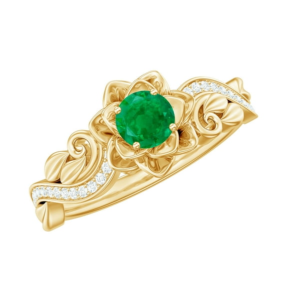 Rosec Jewels Nature Inspired Ring for Women, Emerald Flower Ring with Diamond (AAA Quality), 18K Yellow Gold, US 9.00