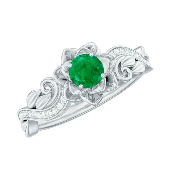 Rosec Jewels Nature Inspired Ring for Women, Emerald Flower Ring with Diamond (AAA Quality), 925 Sterling Silver, US 4.00