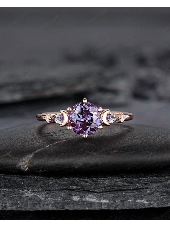 Nature Inspired Round Shape Alexandrite Engagement Ring, Unique Crescent Rose Gold Promise Ring Vintage Moon and Star Wedding Ring for Women