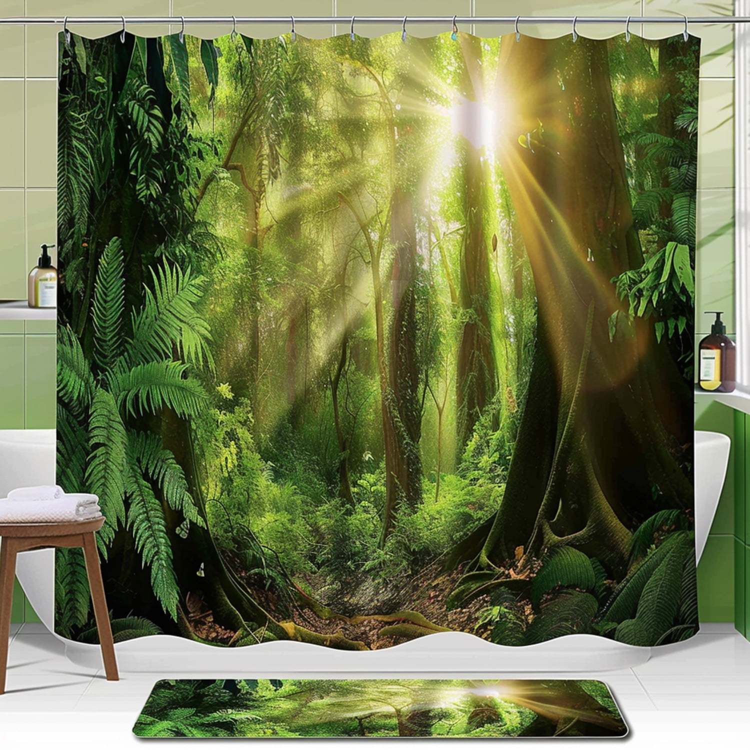 NatureInspired Shower Curtain Set with Green Forest Design Jungle