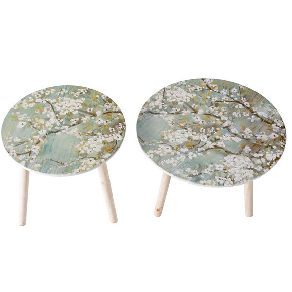 Nature Inspired Side Tables - With Painted Cherry Blossom Tops, White + Blue, For Living Room, Bedroom, Foyer 2 , Tops In And Table Accents