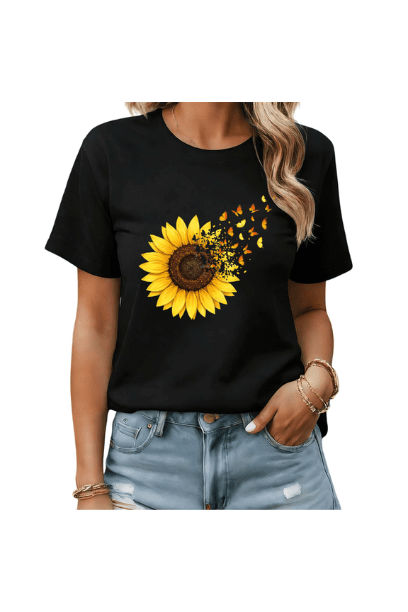 Nature Inspired Sunflower Butterfly Graphic Tees Womans T-shirt White S-5XL Shirts Group Outing Tops