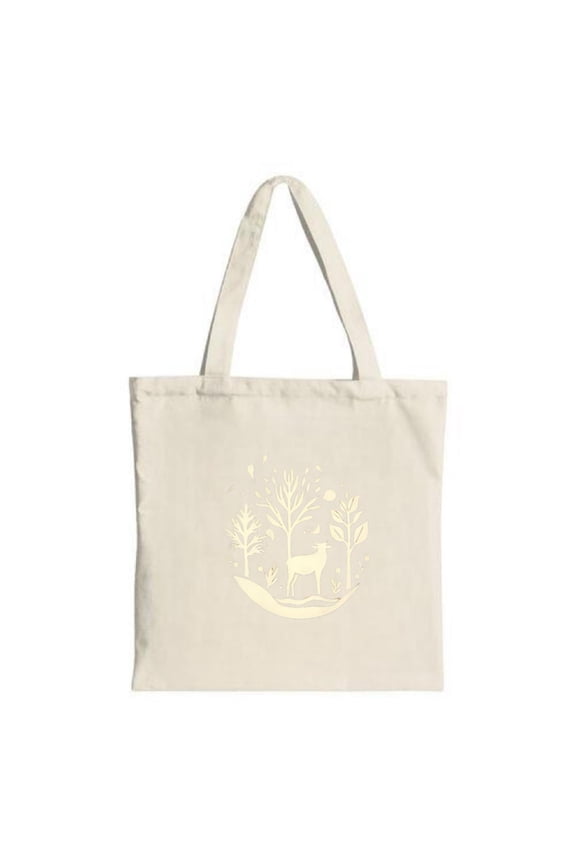 Nature-Inspired Tote Bag: Canvas with a serene deer on a grassy hill surrounded by trees and leaves perfect for shopping and travel