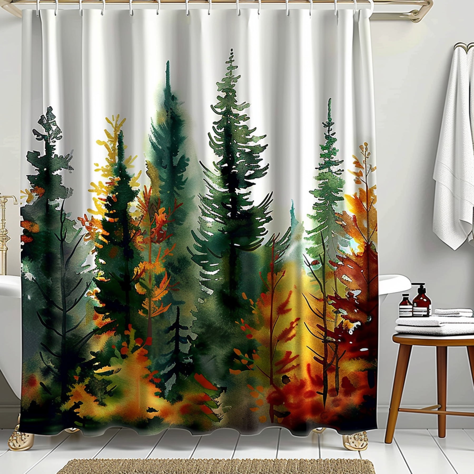 Nature Inspired Watercolor Forest Shower Curtain Tranquil Bathroom ...