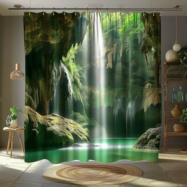 Nature Inspired Waterfall Cave Shower Curtain Green Forest Landscape ...