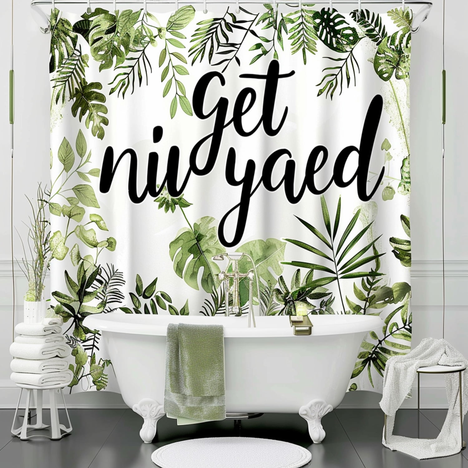 NatureInspired White and Green Bathroom Shower Curtain with 'Get