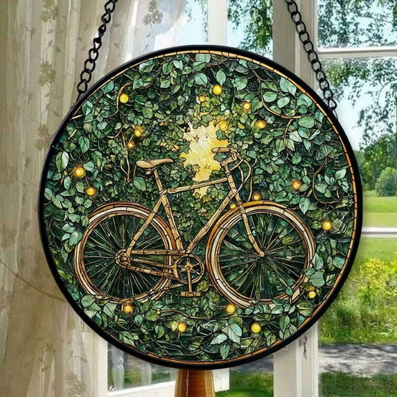 Nature-Inspired Woodland Bicycle Suncatchers for Windows, Ornament Window Hangings,Hand-Painted Glass Panel Perfect for Home Decorr, 2025, Holiday 2025, Festive Home Accent,