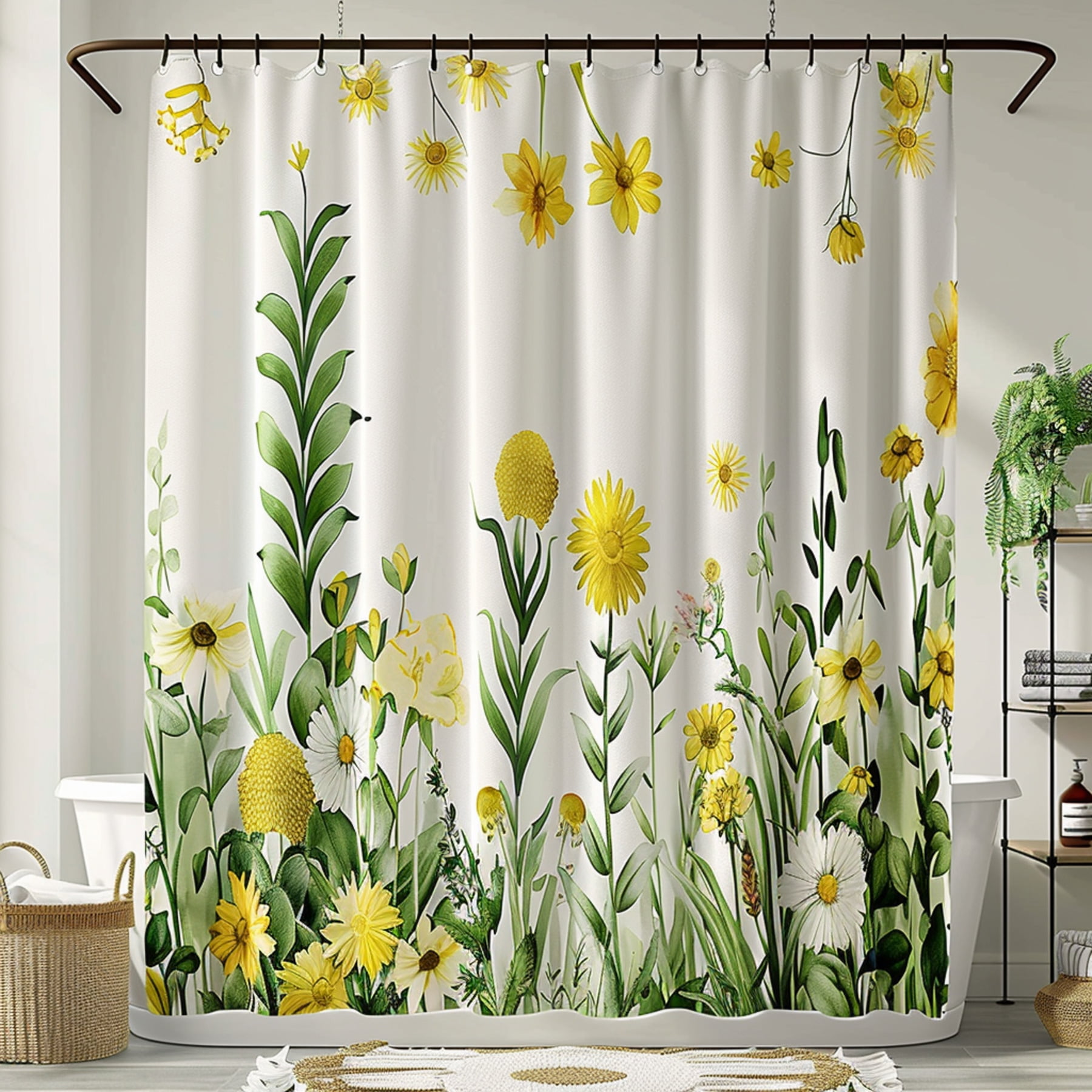 Nature Inspired Yellow Wildflower and Greenery Shower Curtain with