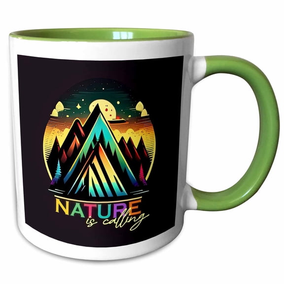 3drose, Nature Is Calling Text and a Colorful Mountains. Happy Camper Gift, 11oz Two-tone Green Mug